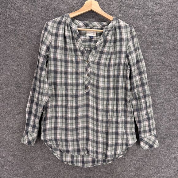 Universal Thread Blouse Women S Small Gray Plaid 1/2 Button V-Neck Long Sleeve - Picture 1 of 7